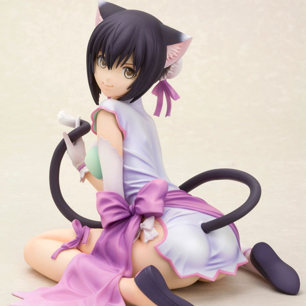 Anime character figurine with cat ears and a purple bow on a beige background