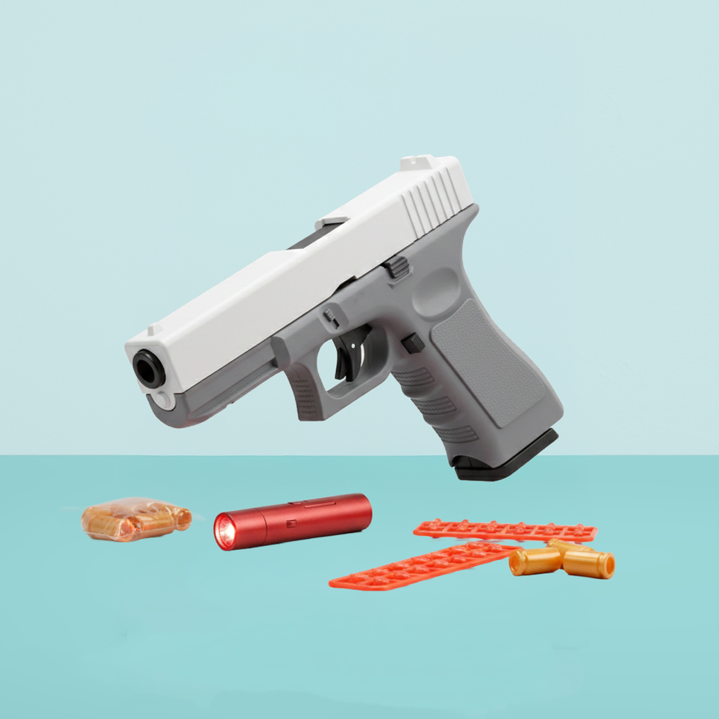 Soft Bullet Pistol Toy Shell Ejecting Shooter Blaster with Laser Barrel White Grey