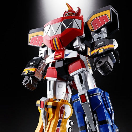 Colorful robot toy figure with red, blue, and yellow colors on a black background